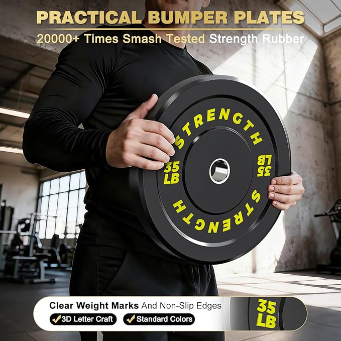 Rendpas 2-Inch Olympic Bumper Plates, 100% Virgin Rubber Low Bounce Barbell Weight for Home Gym Strength Training, 10lb-45lb Black with Color-Coded
