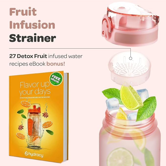 Hydracy Water Bottle with Time Marker -Large 32oz BPA Free & No Sweat Sleeve -Leak Proof Gym Bottle with Fruit Infuser Strainer & Times to Drink -Ideal for Fitness Sports & Outdoors | BPA-Free Tritan, Leakproof Flip-Top Lid,No-Sweat Sleeve,Carry Strap,...