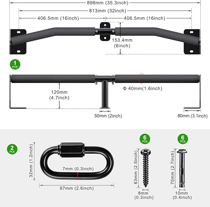 SELEWARE 32"/36" Wall Mount Pull Up Bar Joist Mount Chin Up Bar for Doorway | Heavy Duty Steel Construction Support 450 lb, w/Resistance Band Hooks, Fits 32"/36" Wall Studs for Home Gym Strength Training