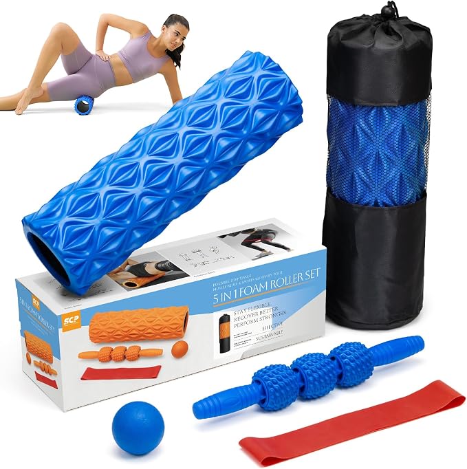 SUBCULTUREPICK 5 in 1 Foam Roller Set High Density Deep Tissue Massager | Trigger Point Massage Roller for Muscle Massage, Massage Ball, Resistance Band for Whole Body Physical Therapy Pure Blue