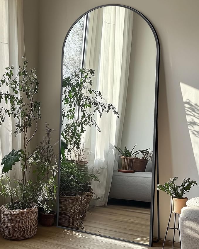 Full Length Mirror 58" L x 18" Full Body Standing Mirror for Bedroom, Living Room, Gym, Dorm - Shatter-Resistant & Easy Assembly, Arched Style Black