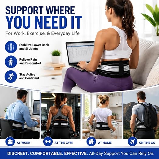 Lightweight Back Brace for Women Men, Pain Relieving Wide Lumbar Support | Adjustable Dual Compression Support Belt Alleviates Lower Back, Hip, Sciatica Pain – Ideal for Work, Exercise & Daily Wear