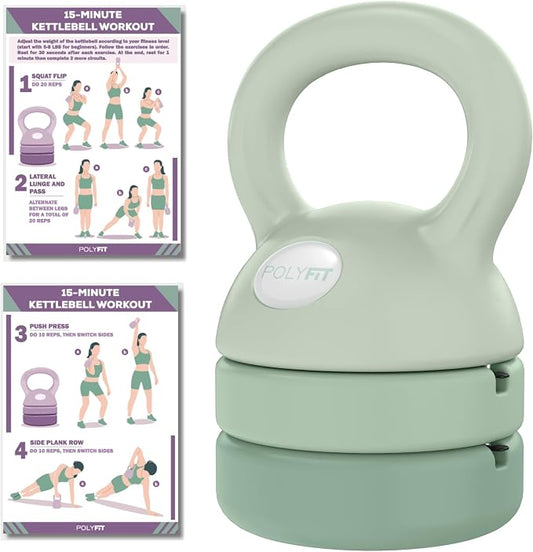 Polyfit Adjustable Kettlebell | 5 lb - 12 lb | Kettlebells Weights Set for Home Gym | Kettle Bell Sets for Women at Home | 3-in-1 adjustable design, 5/8/12 lb settings, non-slip PE coating, compact home gym storage, workout guide included