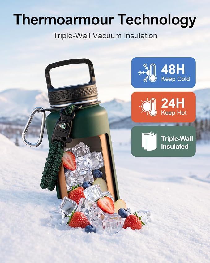 Trebo Water Bottle Insulated 40 oz with 3 Lids, Paracord Handle & Sleeve | Stainless Steel Flask Vacuum, Triple Wall Copper Plated, Dishwasher Safe, Keeps Cold 48Hrs for Hiking, Gym, Wide Mouth