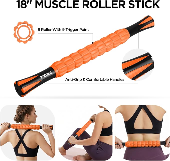 Muscle Roller & Massage Roller Stick for Athletes - Lymphatic Drainage Support, Relieves Muscle Soreness, Cramping & Tightness - Targets Legs, Arms, Back & Calves （Orange Wheel）