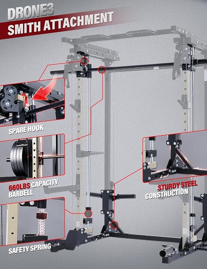 MAJOR FITNESS Drone3 Smith Machine, 2500lbs All-in-One Home Gym Power Rack with Dual Pulley System for Cable Crossover, Pull-Up Bars