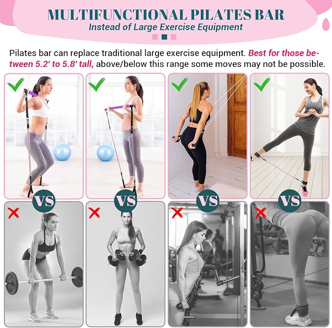 Pilates Bar Kit with Resistance Bands, Multifunctional Yoga Pilates Kit | Heavy-Duty Metal Adjustment Buckle, Portable Home Gym Pilates Resistance Bar Kit for Women Full Body Workouts