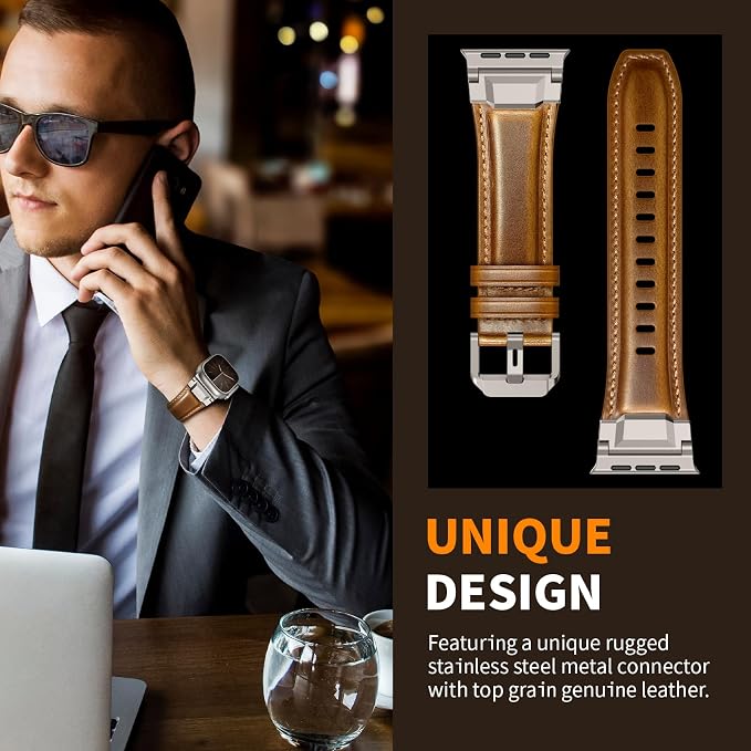 Bands Compatible with Apple Watch Ultra 3/2/1 Band 49/46/45/44mm | Genuine Leather Metal Connector Strap for iWatch Ultra Series 11/10/9/8/7/SE/6/5/4/3/2/1, Brown/Titanium