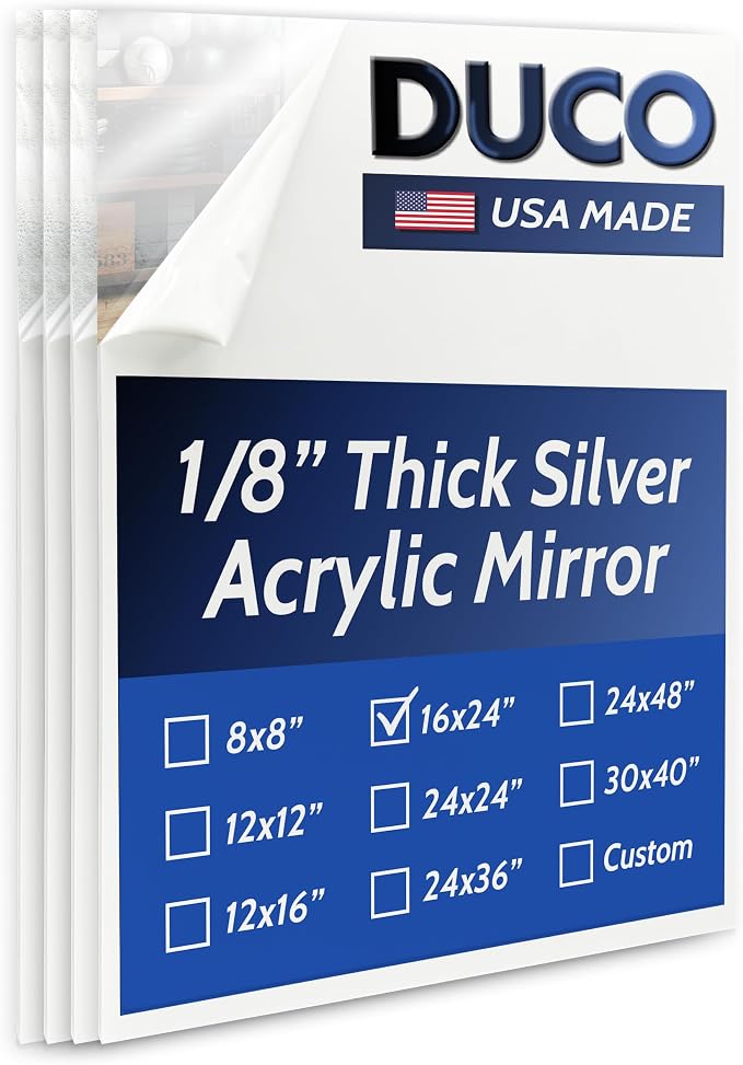 Duco USA-Made Acrylic Mirror Sheet 1/8 Inch Thick 16" x 24" (with Adhesives) - Pack of 4 Silver Frameless Plastic Mirror for Walls, Home Gyms, Bathrooms, & More - Shatter-Proof Mirrored Plexiglass