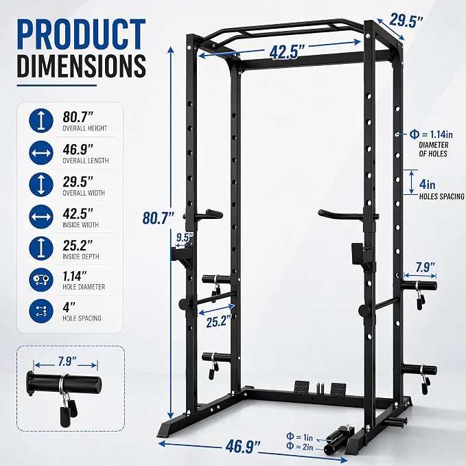 5-in-1 Power Rack Heavy Duty Home Gym | 5 Configs: Only, +Pulley, +Bench, +150LB, +240LB. 1200LB, 50x50mm, 83"H. J-Hooks, Safety Bars, Landmine. Olympic 2" Plates.