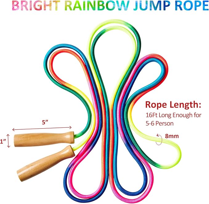 Double Dutch Long Jump rope - 16Ft 2 Pack Skipping Rope for Kids Adults, Rainbow Jumping Rope for Multiplayer with Wooden Handle