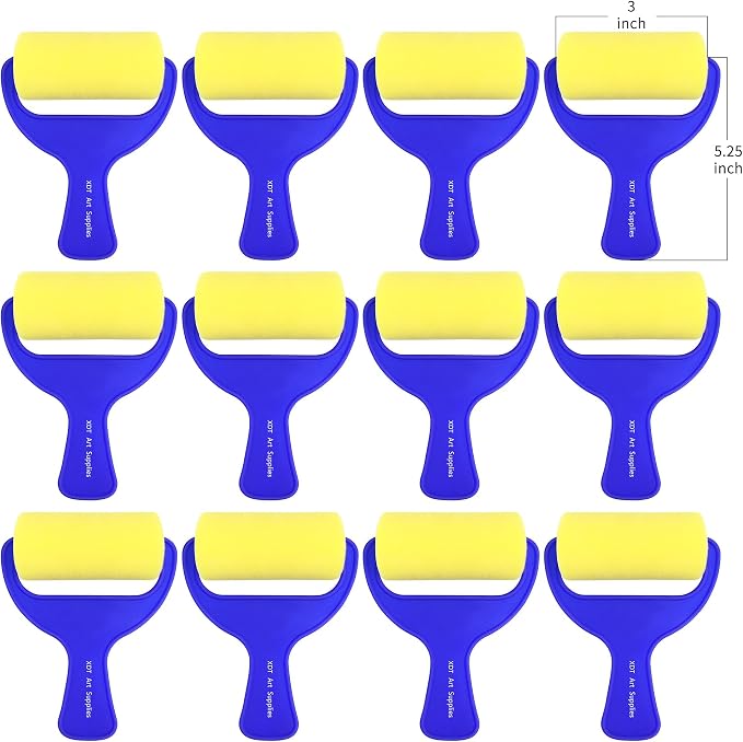 Foam Paint Roller 12 Piece Set 3''x12, Sponge Roller for Painting Art & Craft, Soft & Disposable & Washablea, Blue, Yellow