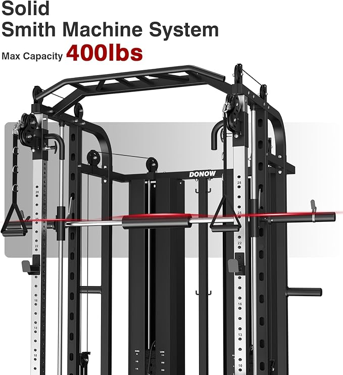 DONOW Smith Machine with Weight Stacks Home Gym System Cable Crossover | Multi Function, All in One, Heavy Duty, Lat Pulldown Bench, Hip Thrust Attachment, Smooth Smith Bar and Cable System