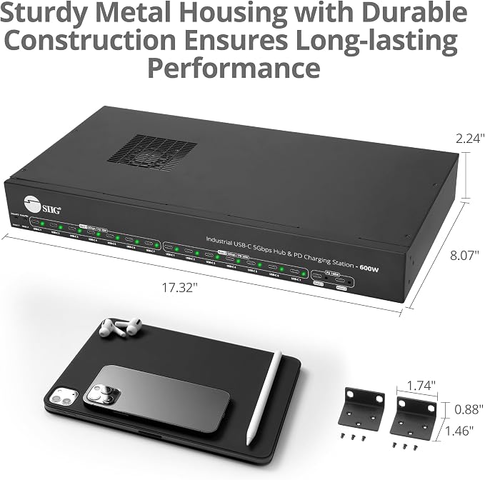 SIIG Industrial 16-Port 600W USB-C PD Charging Station, ID-US0B11-S3 | Charge 16 USB-C devices and transfer data at 5Gbps; two 100W ports, 14 30W ports and auto fan support IT fleets.