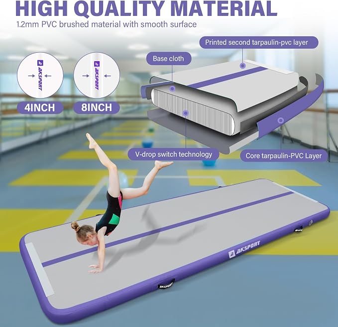 AKSPORT Gymnastics Air Mat Tumble Track Tumbling Mat Inflatable Floor Mats with Air Pump for Home Use/Tumble/Gym/Training/Cheerleading/Parkour/Beach/Park/Water