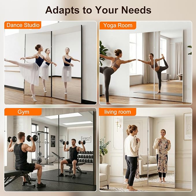 Space-Saving 360° Folding Full Length Mirror, 63" x 67" Oversized Standing/Leaning Mirror, Shatterproof, Lightweight Design for Home Gym, Yoga Studio, Dance Studio, Fitness Studio (Black)