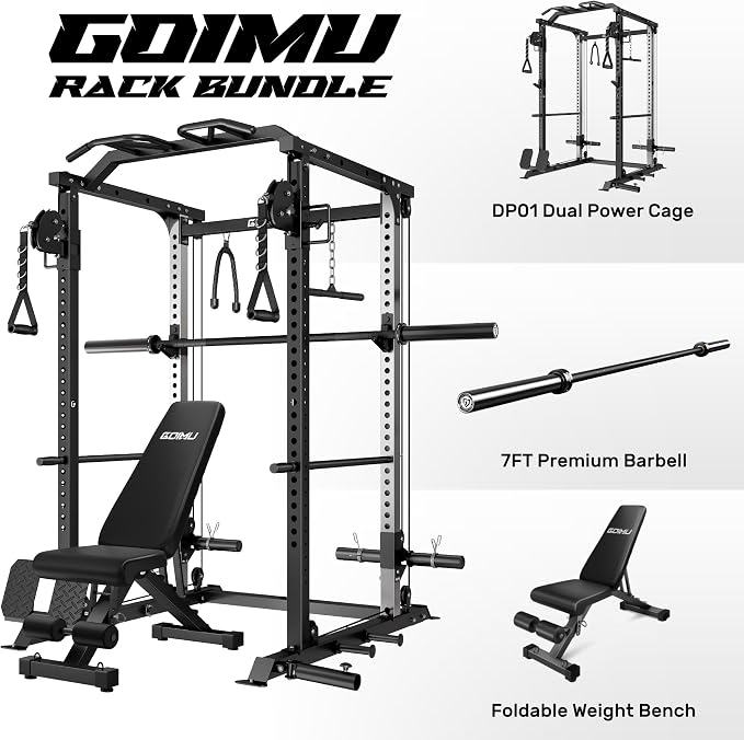 DP01 Power Cage, 2000LBS Squat Rack with Cable Crossover and Dual Independent Pulley System, Full Cage for Full Body Training, Power Rack with More Training Attachments for Home Gym