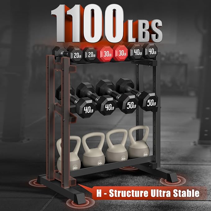 3-Tier Dumbbell Rack, 1100LB Capacity Adjustable Weight Rack for Home Gym, Heavy-Duty Weight Stand for Dumbbells Kettlebells & Weight Plates(Rack Only)