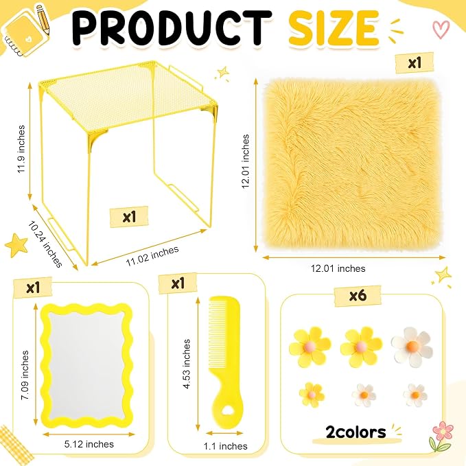 RattanView 10 Pcs Locker Accessories Kit Magnetic Acrylic Mirror Plush Rug Small Comb 6 Flower Magnet Locker Organizer for Back to School Teen Student Girl Office Work Lockers Decoration Gift(Yellow)