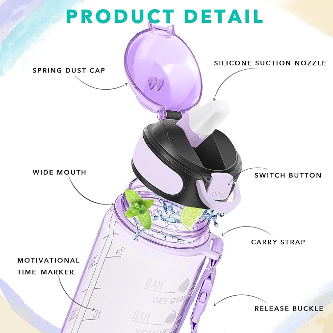 Enerbone 32 oz Water Bottle with Times to Drink and Straw, Motivational Drinking Water Bottles with Carrying Strap, Leakproof BPA & Toxic Free, Ensure You Drink Enough Water for Fitness Gym Outdoor