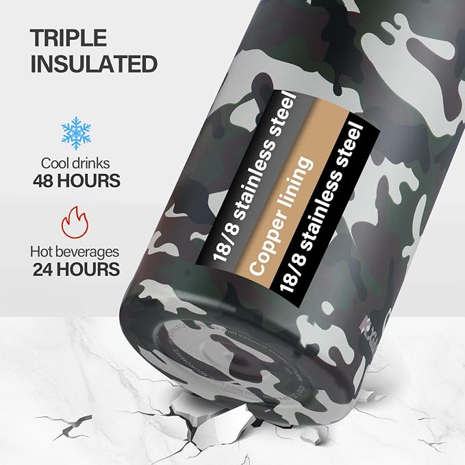 KXIAOCHEN Insulated Water Bottle with Strap, 48-Hour Cold, 2 Lids | Triple-wall insulation, lead-free 18/8 Stainless steel, paracord handle, carabiner clip, for gym, hiking, camping and travel