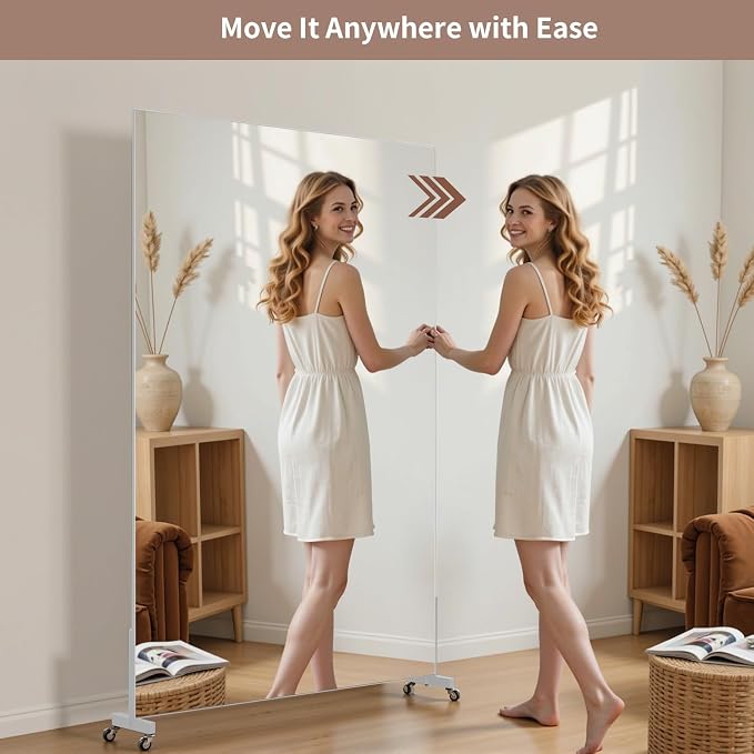Home Gym Rolling Mirror 72"x40" – Extra Large Full Length Mirror with Wheels, Mobile Tempered Glass Floor Mirror, 360° Swivel, for Workout, Garage, Dance Studio, Yoga, Bedroom, White