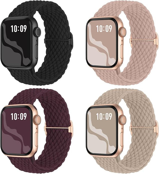 4 Pack Braided Stretchy Bands Compatible with Apple Watch 40mm 41mm 38mm 42mm 44mm 45mm 46mm 49mm Women Men, Breathable Nylon Elastic Daily Use Straps for iWatch Series 11/10 9 8 7 6 5 4 3 SE/Ultra 2