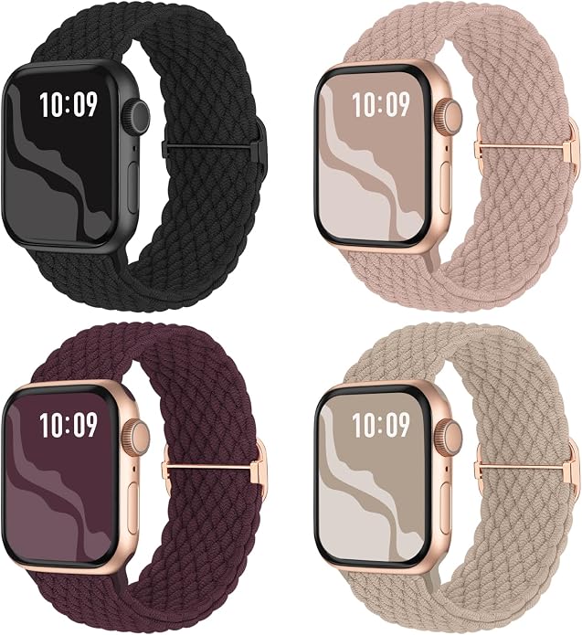 4 Pack Braided Stretchy Bands Compatible with Apple Watch 40mm 41mm 38mm 42mm 44mm 45mm 46mm 49mm Women Men, Breathable Nylon Elastic Daily Use Straps for iWatch Series 11/10 9 8 7 6 5 4 3 SE/Ultra 2