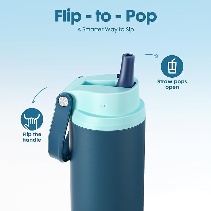 Meoky 24 oz Insulated Stainless Steel Water Bottle: Flip-to-Pop Straw, Leak Proof, 24H Cold, Wide Mouth, BPA-Free, Non-slip Base, Gym Water Bottle for Men Teen Boys, Denim