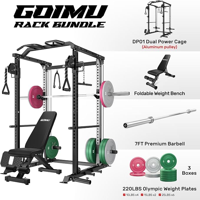 DP01 Power Cage, 2000LBS Squat Rack with Cable Crossover and Dual Independent Pulley System, Full Cage for Full Body Training, Power Rack with More Training Attachments for Home Gym