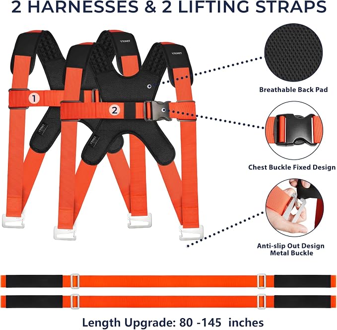 Ytonet Furniture Moving Straps for Lifting with Back Support, Round Sling | 2-Person Lifting and Moving System, Appliance Lifting Straps for Mattress, Heavy Objects up to 800 lbs, 145 IN Long, Orange