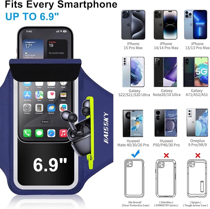 Cell Phone Running Armband with Earbuds Zipper Pocket Armband Case Running Holder for iPhone 15 Pro Max /14/13/ 12/11 Pro Max/XS/XR,Galaxy S20 S10,Sweatproof Arm Band with Card/Key Bag