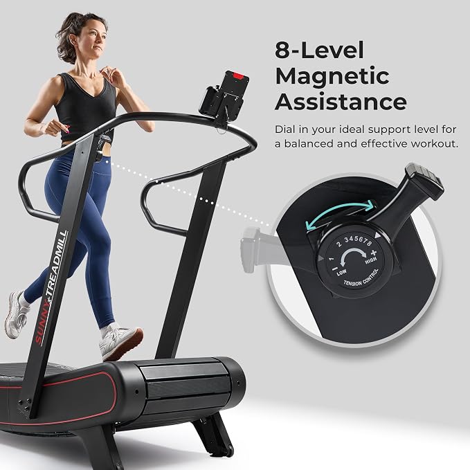 Sunny Health & Fitness Smart Curved Treadmill Ergonomic and No Speed Limit | Commercial Grade, Adjustable Magnetic Assistance, Unlimited Speed, SunnyFit App Connectivity, 330LB Capacity