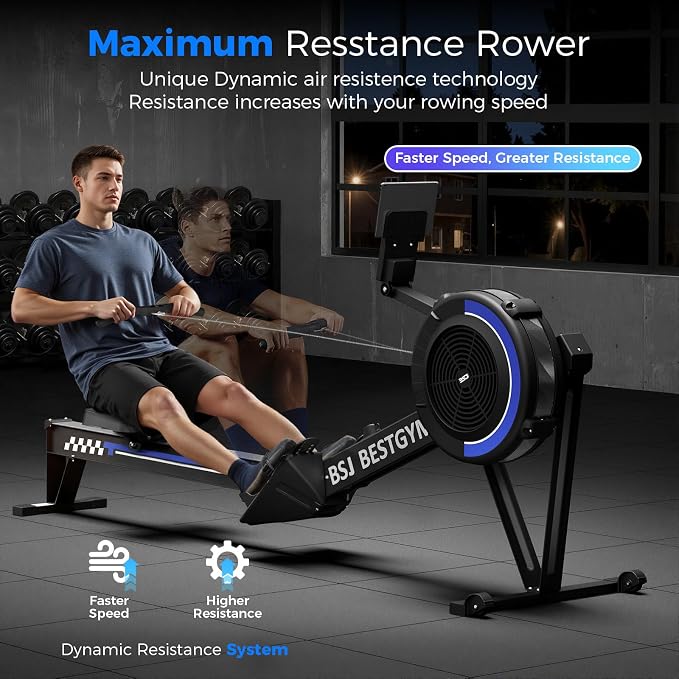 Rowing Machine for Home, Professional Adjustable Air Resistance Rower Machines with Self-Powered Monitor, 53.7'' Row Rail, Ergonomic Comfort Seat, Easy Storage
