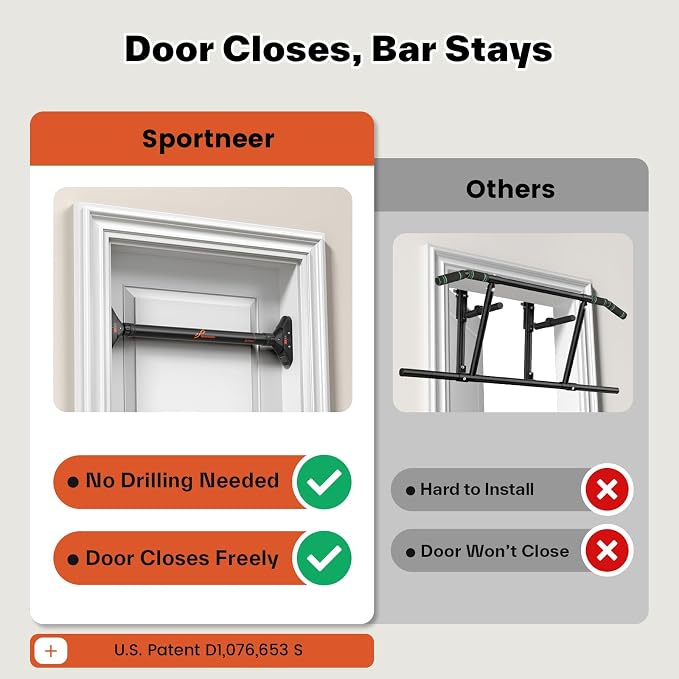 Sportneer Pull Up Bar for Doorway, No-Drill, 29.5-37 in, 440 lb | No-Drill, Adjustable 29.5-37 in, 440 lb, Doorway Fit, Secure Lock, Home Gym, Strength Training