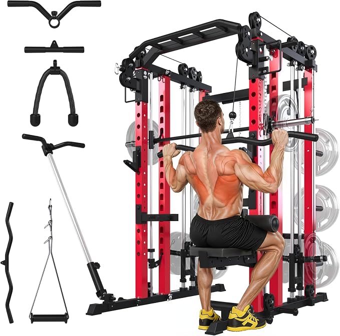 Power Rack and Smith Machine, Multi-Functional Power Cage with LAT Pulldown | All-in-One Squat Rack with Cable Pulley System, 2000LBS Weight Rack with Training Attachments for Home Gym
