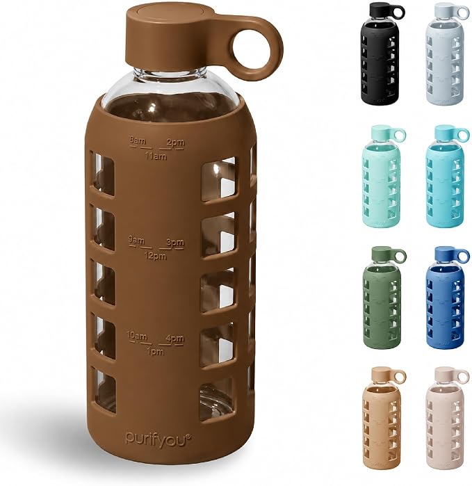purifyou 40oz / 32oz / 22oz / 12oz Borosilicate Glass Water Bottle with Time & Volume Markers, Silicone Sleeve, Stainless Steel Lid | Reusable Glass Bottle for Water & Juice (22oz Earth Brown)