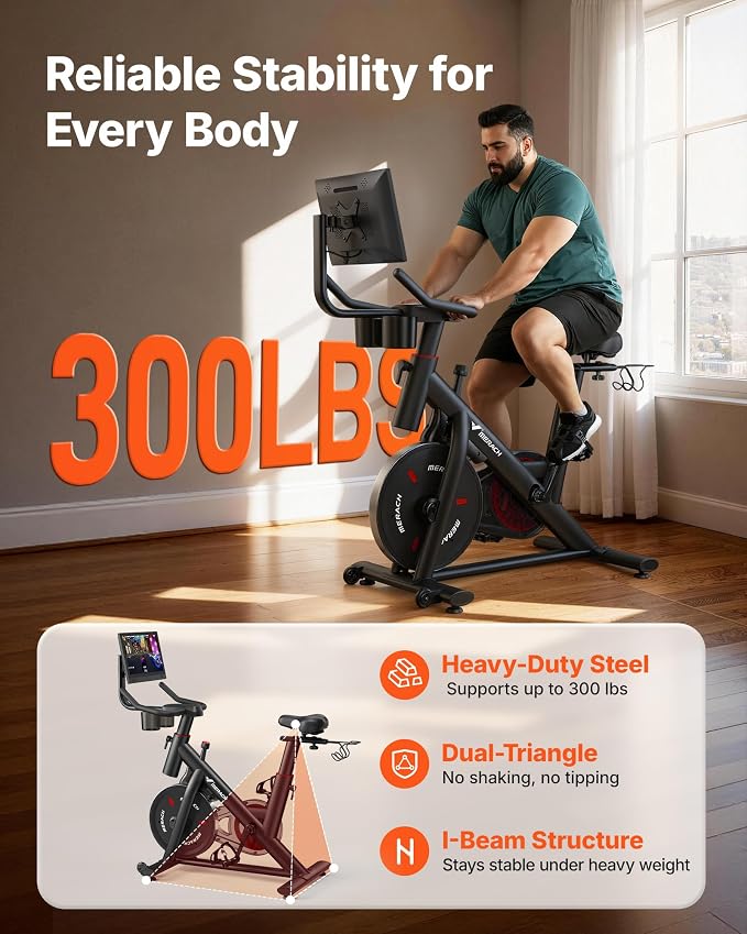 MERACH Exercise Bike, Magnetic Friction Stationary Bike with Brake Pad and Exclusive App, Low Noise Indoor Cycling Bike with 300lbs Weight Capacity, Tablet Mount and Fitness Courses for Weight Loss