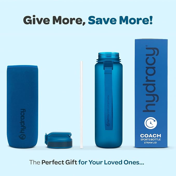 Hydracy Motivational Water Bottle with Time Marker and Straw Lid 32 oz | Leakproof,BPA Free,No Sweat Neoprene Sleeve,Carry Strap,Daily Intake Tracking for Fitness & Outdoors