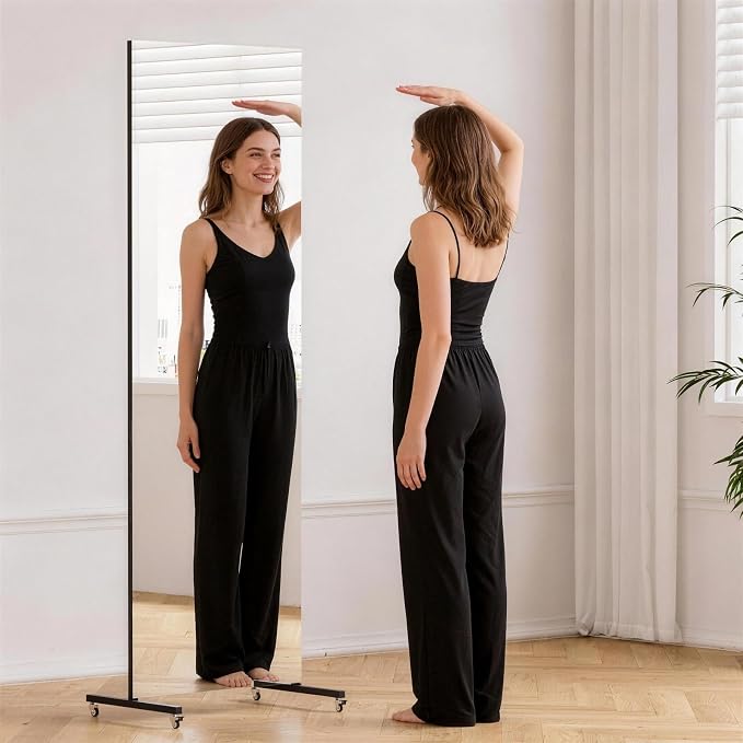 70" x 22" Full Length Floor Mirror, Lockable Wheels for Easy Moving & No Wobble, Shatter‑Resistant Glass for Worry‑Free Practice, Ideal for Home Dance, Yoga & Gym, Black Metal Frame