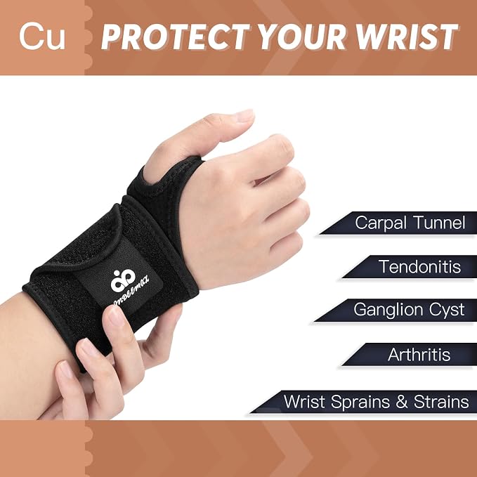 Copper Carpal Tunnel Wrist Brace, 2 Pack Wrist Support Wraps for Men Women, Adjustable Compression Wrist Brace for Tendonitis, Pain Relief, Arthritis, Sports, Work, Sleeping, Both Hands,black