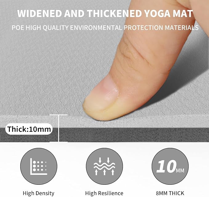 8mm & 10mm Thick Large Yoga Mat (6'x 4') - Extra Long and Wide Workout Mat for Men and Women, Non-Slip POE Fitness Mat, Eco-Friendly Exercise Mat for Home Workouts, Ideal for Yoga and Pilates