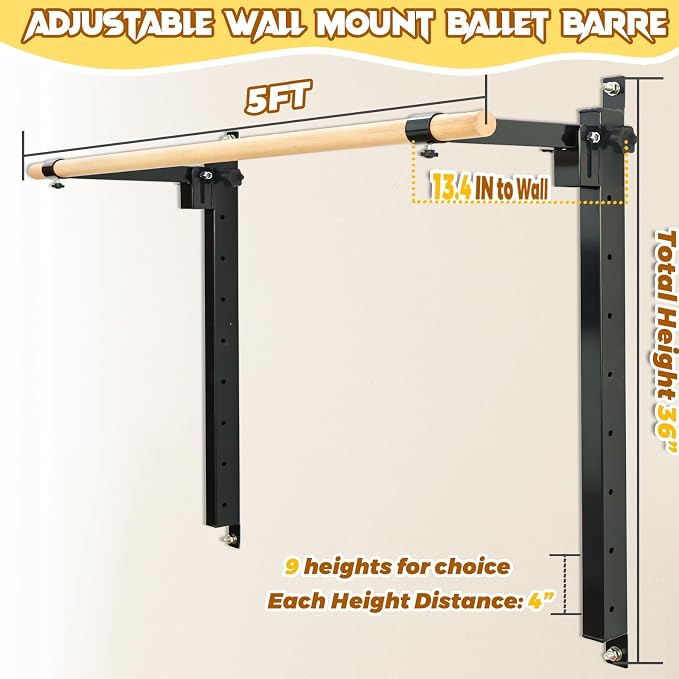 Seliyoo Ballet Barre Wall Mount,Height Adjustable Dance Bar | 4 FT /5FT Portable Solid Beech Wood Bar,Ballet Stretching and Barre Workout, Kids and Adults, Easy Install