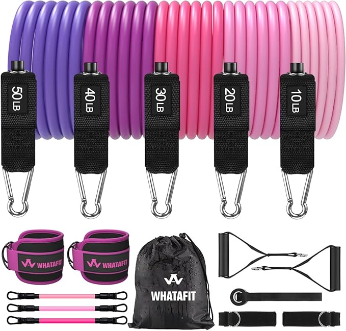 WHATAFIT Resistance Bands with Handles, 5-Level Exercise Bands for Workout | Natural latex,10-50 lbs, stackable to 150,Ankle Straps, Door Anchor,Guide. For Strength, Yoga,Home Gym,Travel & Workout.