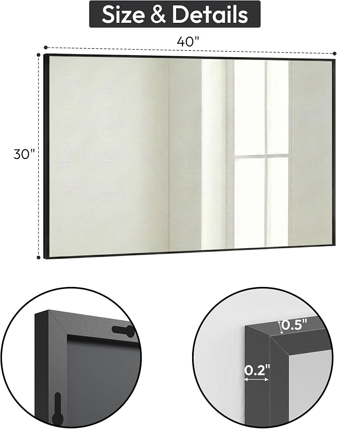 30" x 40" Matte Black Wall Mirror, 40" x 30" Metal Framed Rectangular Decor, Vertical/Horizontal Accent Mirror for Fireplace & Bathroom Vanity