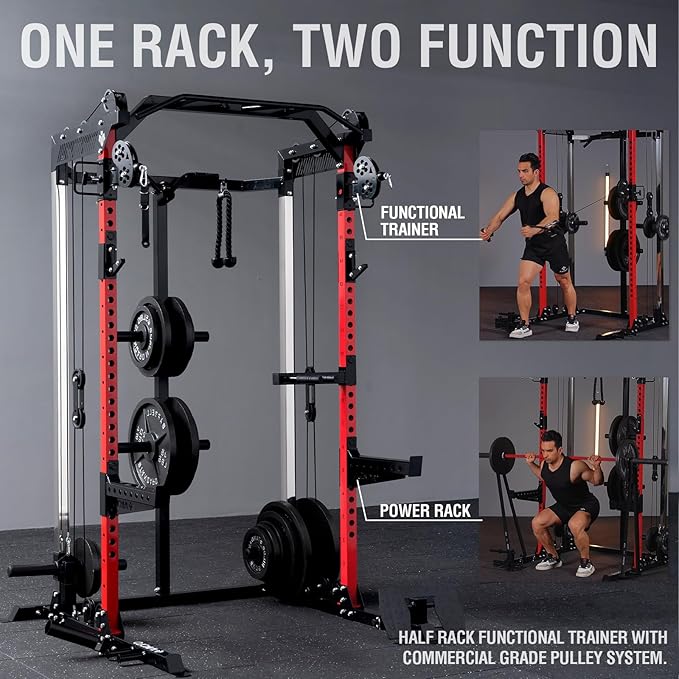Mikolo Power Cage, 2000LB Power Rack with Independent Dual Pulley System, Multi-Function Home Gym Workout Machine for Cable Crossover and Squat
