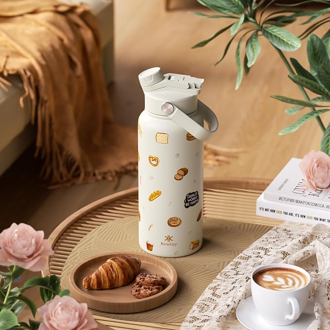 KEWIXY 32 oz Insulated Water Bottle, 2-in-1 Lid, Straw & Spout with Protected, Leak Proof, Keep Cold, Stainless Steel, Metal, Reusable, Handle, for Travel, Gym and School, Bake Beige