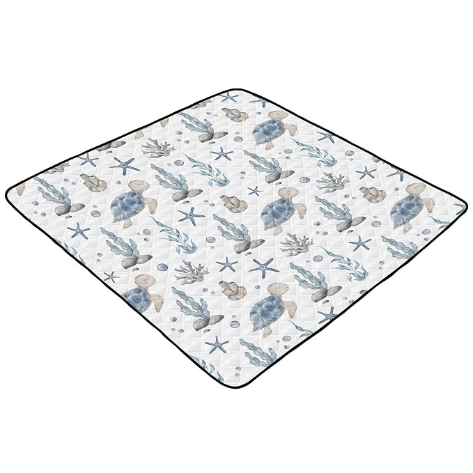 Baby Play Mat Sea Turtle Seashell Starfish 50" X 50" Play Gym Crawling Mat Soft Non-Slip Portable Picnic Floor Mat for Infant, Babies, Toddler, Kids