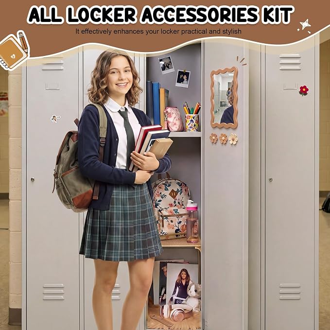 RattanView 10 Pcs Locker accessories Kit Magnetic Acrylic Mirror Plush Rug Small Comb 6 Flower Magnet Locker Organizer for Back to School Teen Student Girl Office Work Lockers Decoration Gift(Brown)