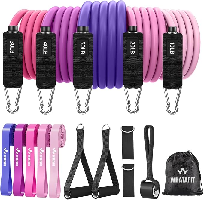 WHATAFIT Resistance Bands with Handles, 5-Level Exercise Bands for Workout | Natural latex,10-50 lbs, stackable to 150,Ankle Straps, Door Anchor,Guide. For Strength, Yoga,Home Gym,Travel & Workout.